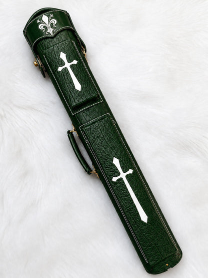 Front view of Crusade green leather cue case with cross inlays, fleur-de-lis detailing, and handmade finish