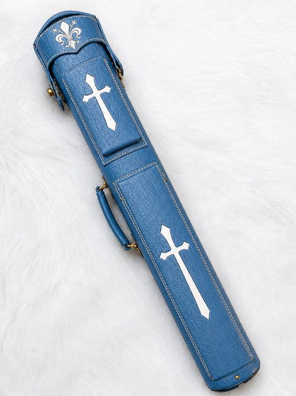 Front view of Crusade light blue leather cue case with cross inlays, fleur-de-lis cap, and handmade finish