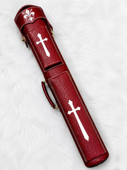 Front view of Crusade red leather cue case with cross inlays, fleur-de-lis cap, and handcrafted finish