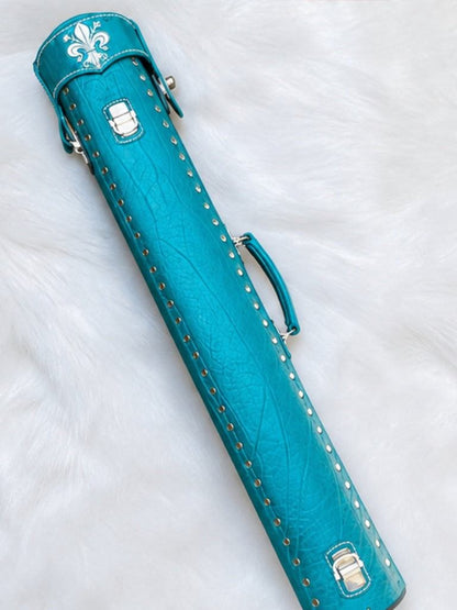 Back view of Crusade turquoise leather cue case with hand-carved fleur-de-lis detail on the top lid and handmade finish