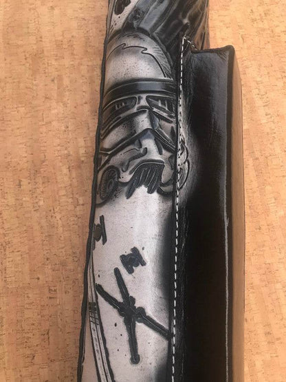 Side close-up of Darth Vader custom pool cue case with sci-fi artwork