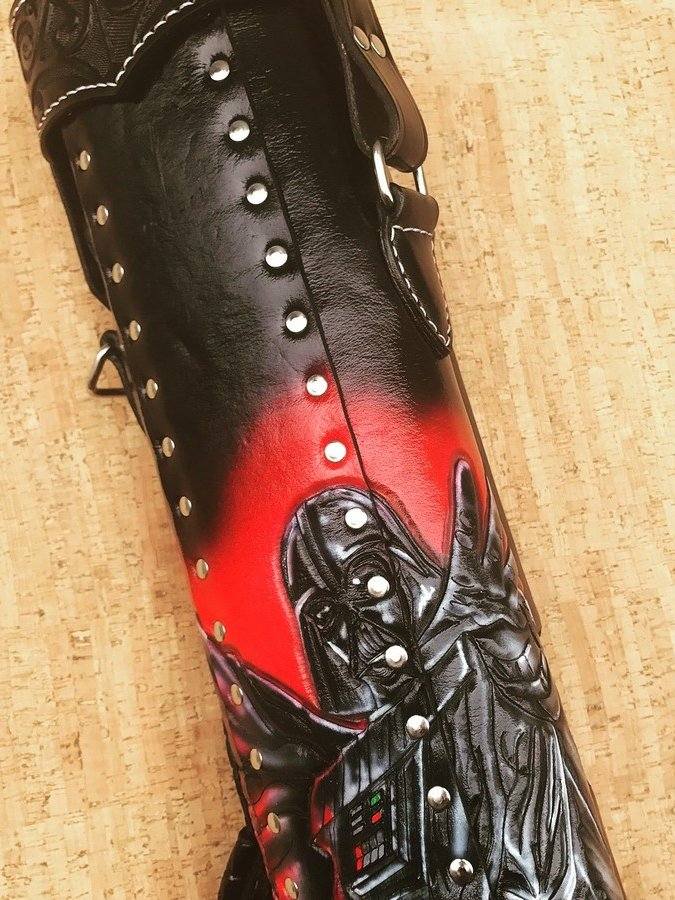 Side close-up of Darth Vader custom pool cue case with sci-fi artwork