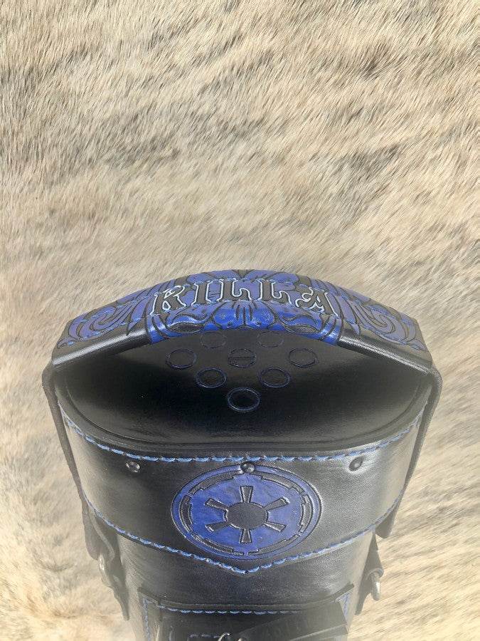 Close-up of Darth Vader custom pool cue case with sci-fi artwork