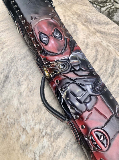 Back close-up of Deadpool custom leather pool cue case with comic-inspired artwork and handmade finish