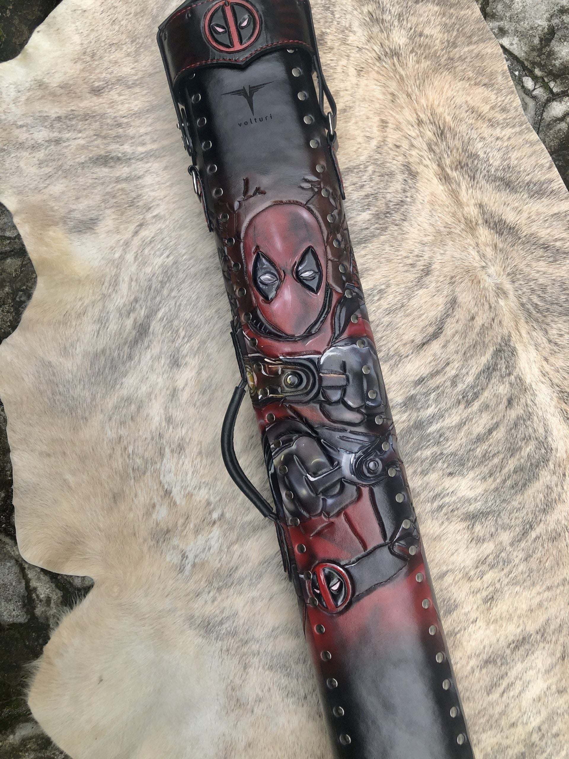 Back view of Deadpool custom leather pool cue case with comic-inspired artwork