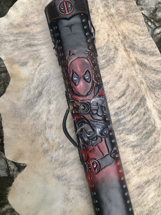 Back view of Deadpool custom leather pool cue case with comic-inspired artwork