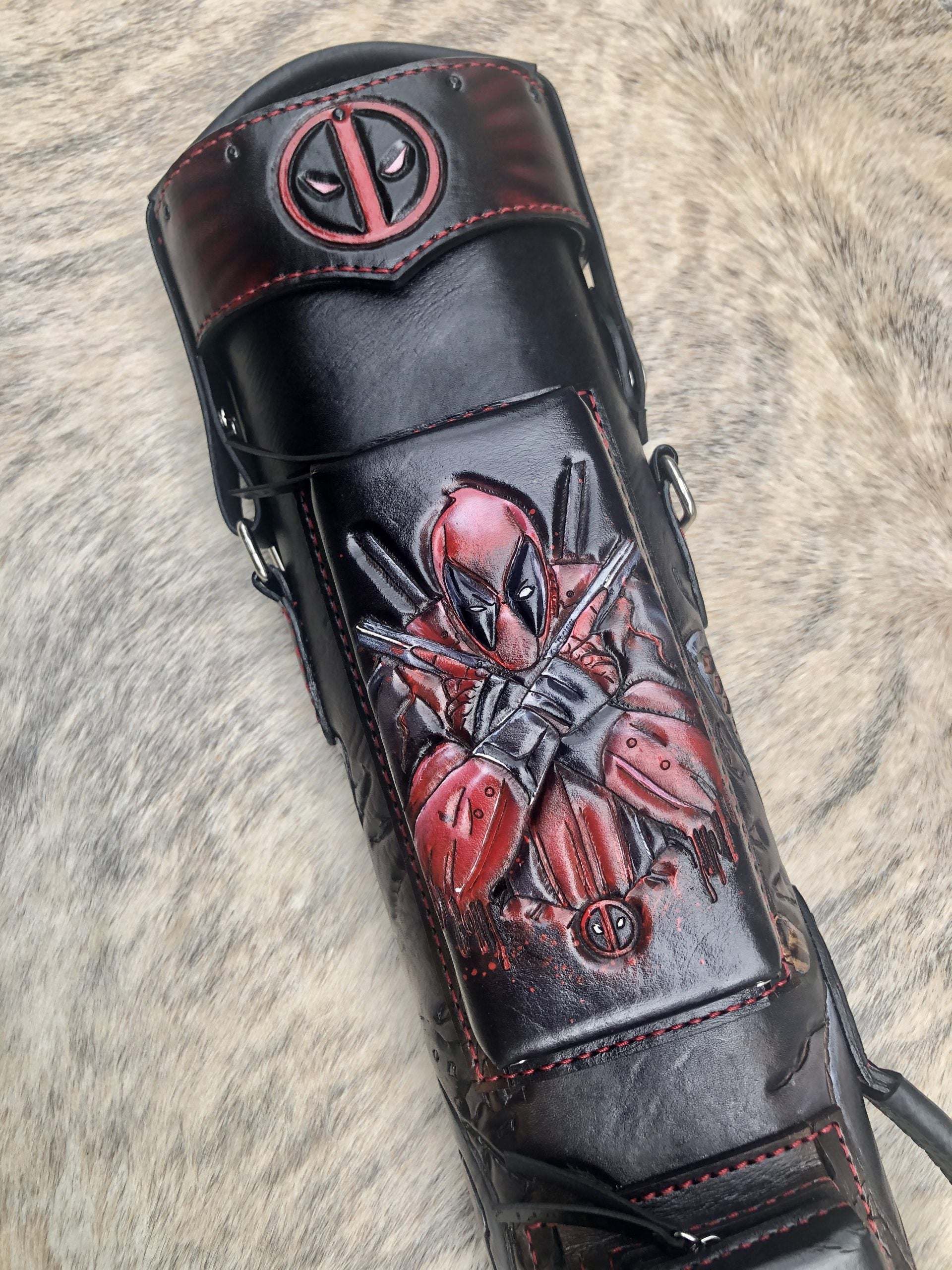 Front close-up of Deadpool custom leather pool cue case with comic-inspired artwork