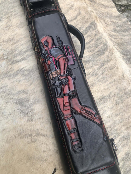 Front close-up of Deadpool custom leather pool cue case with comic-inspired artwork