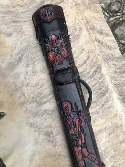 Front view of Deadpool custom leather pool cue case with comic-inspired artwork