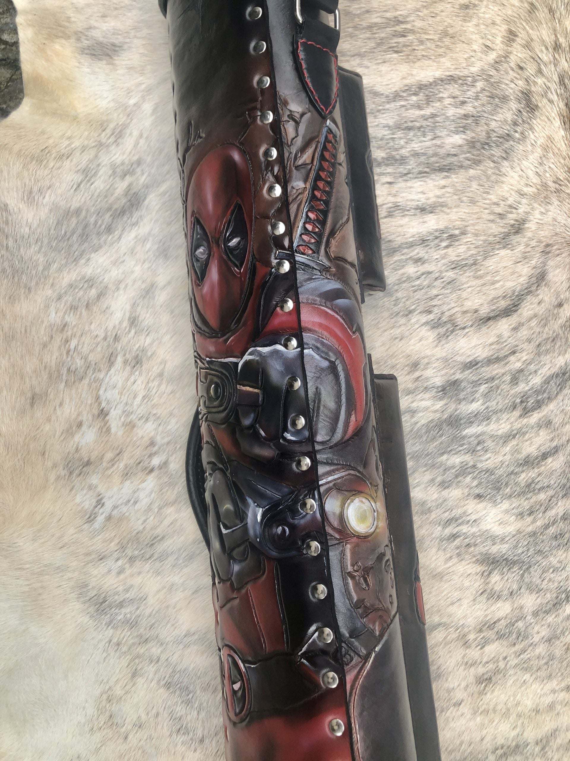 Side close-up of Deadpool custom leather pool cue case with comic-inspired artwork