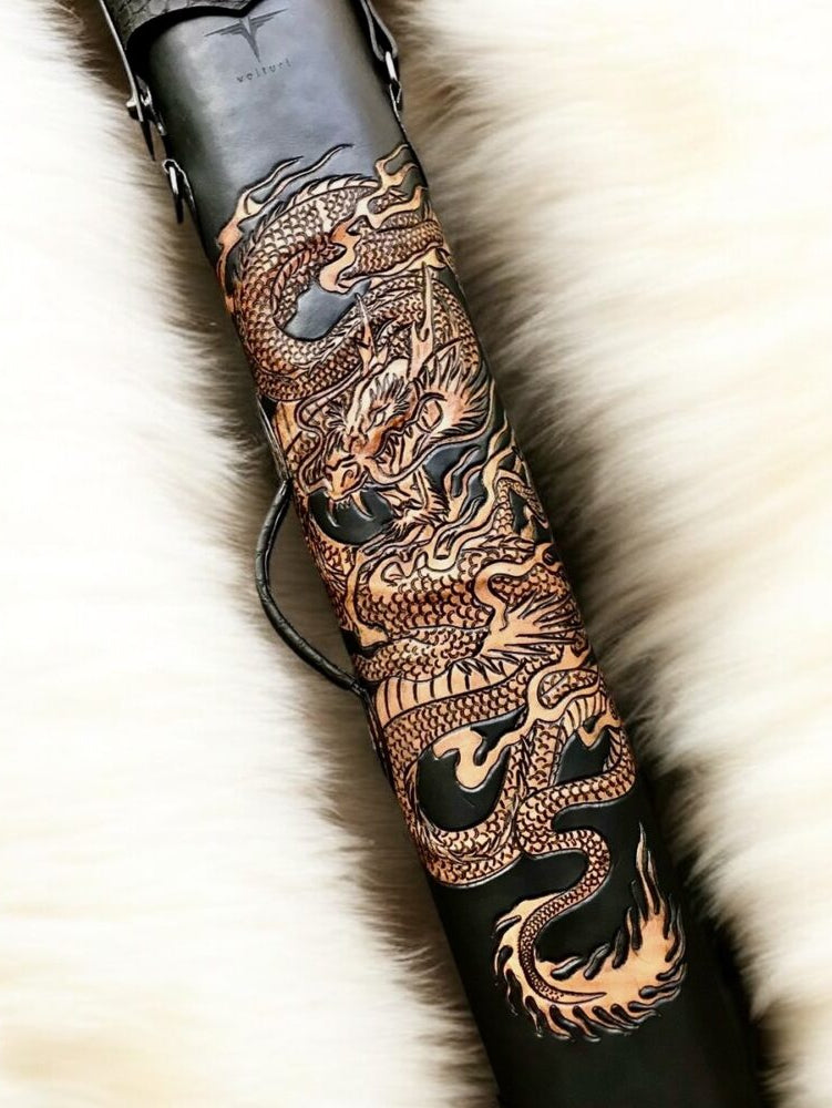 Back view of Dragon-Themed custom leather cue case with dragon artwork