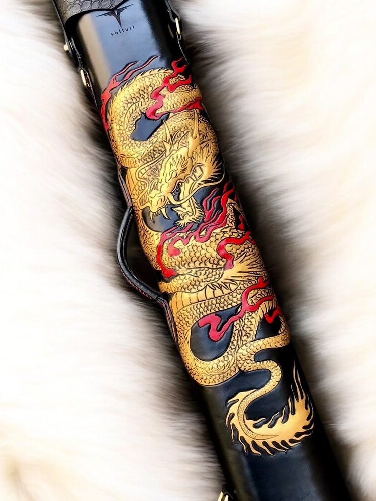 Back view of Dragon-Themed custom leather cue case with dragon artwork