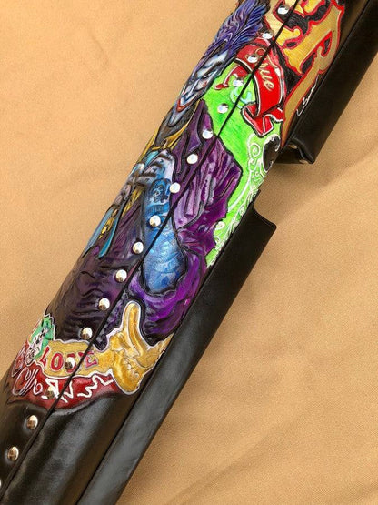 Side view of Joker custom pool cue case and handmade finish