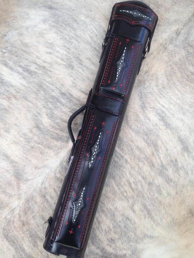 Front view of Joker custom pool cue case and handmade finish