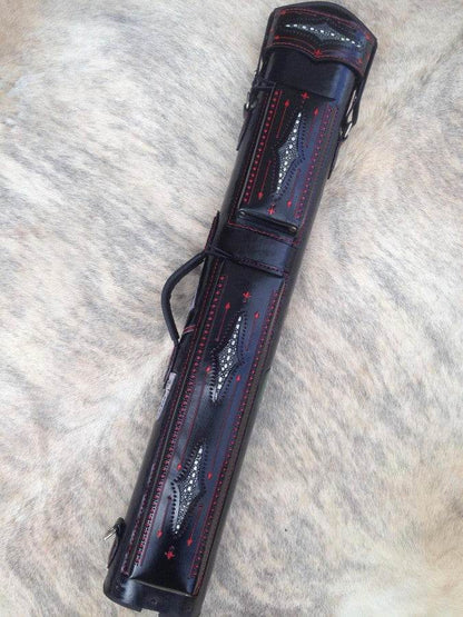 Front view of Joker custom pool cue case and handmade finish