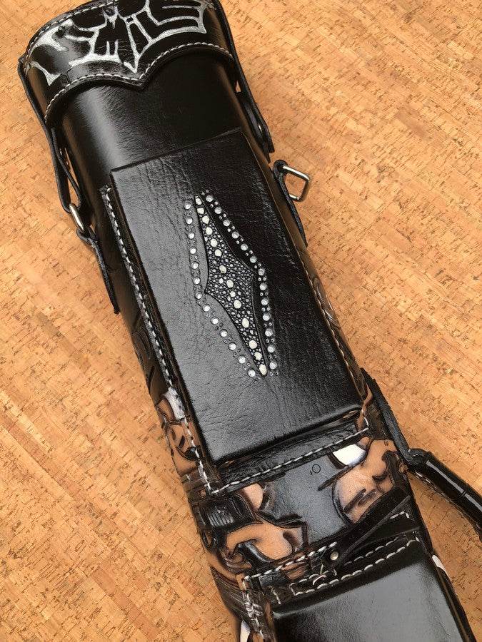 Front close-up of Joker custom pool cue case and handmade finish
