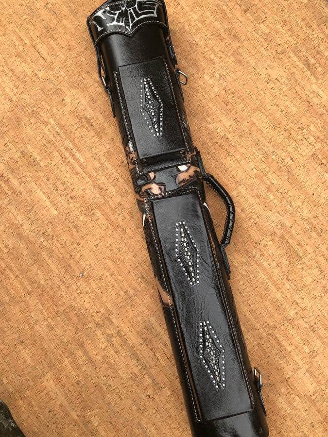 Front view of Joker custom pool cue case and handmade finish