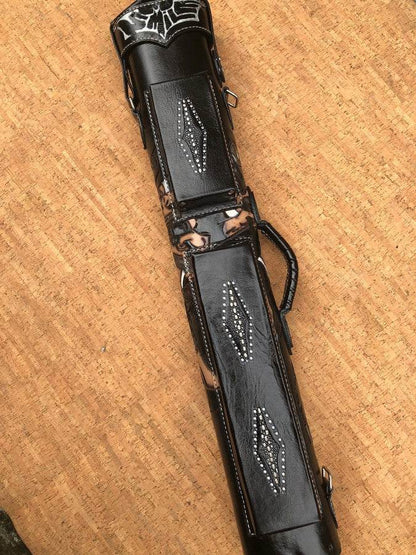 Front view of Joker custom pool cue case and handmade finish
