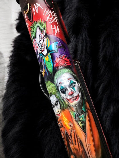 Back close-up of Joker, Harley Quinn and Deadpool custom pool cue case with comic-inspired artwork