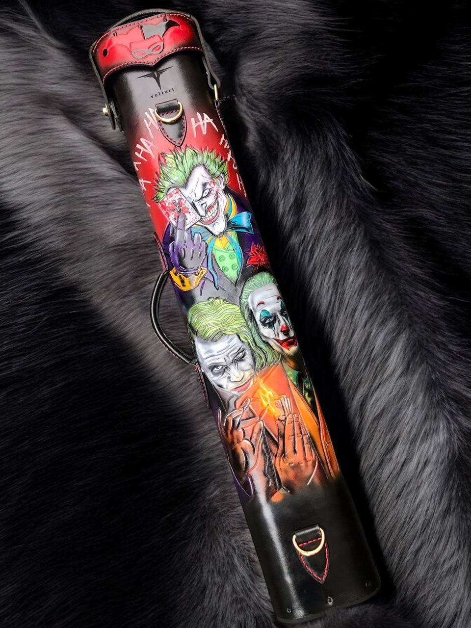 Back view of Joker, Harley Quinn and Deadpool custom pool cue case with comic-inspired artwork