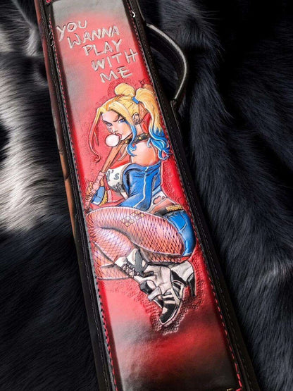 Front close-up of Joker, Harley Quinn and Deadpool custom pool cue case with comic-inspired artwork