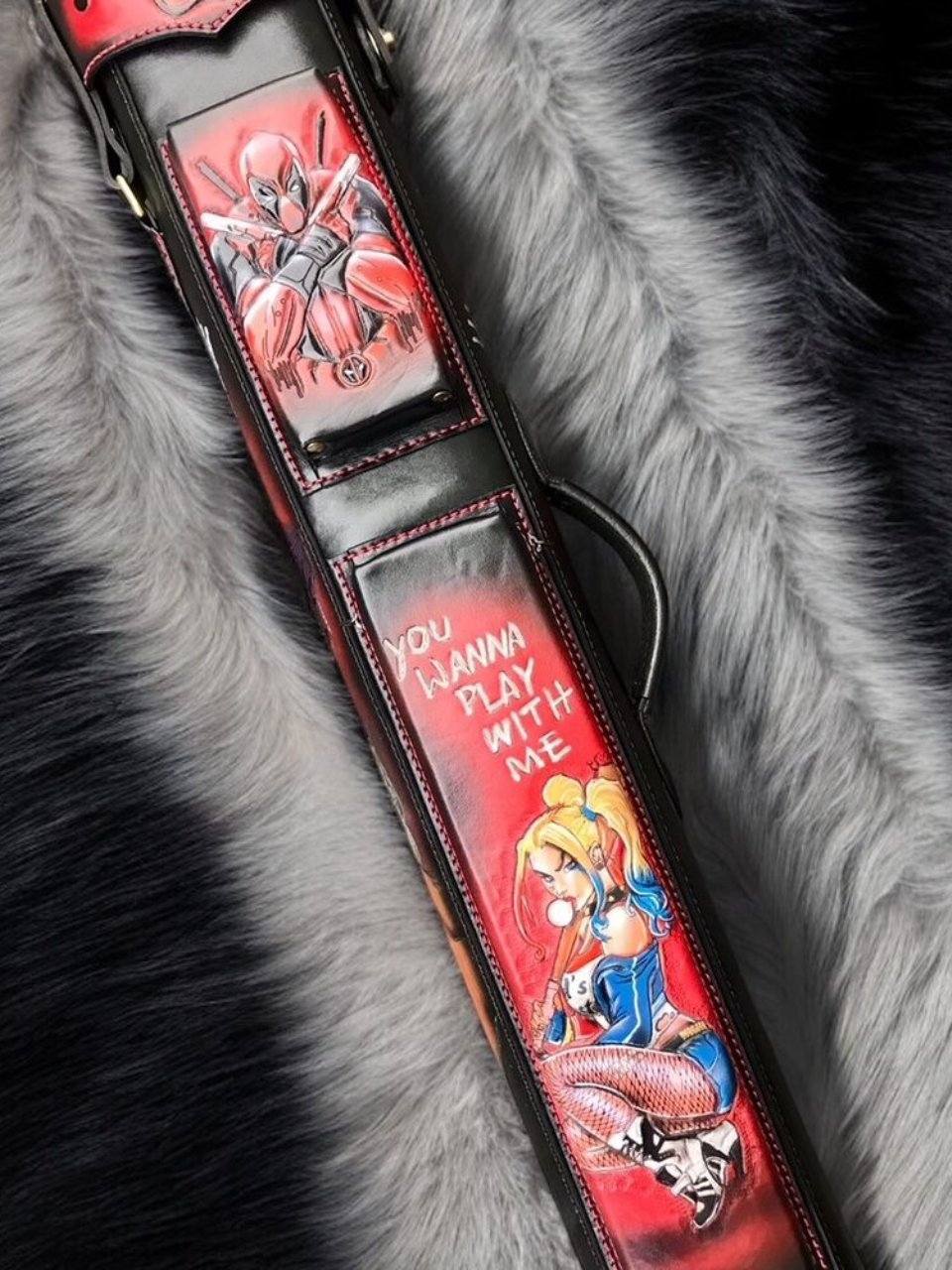 Front view of Joker, Harley Quinn and Deadpool custom pool cue case with comic-inspired artwork and genuine leather craftsmanship