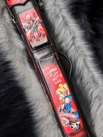 Front view of Joker, Harley Quinn and Deadpool custom pool cue case with comic-inspired artwork and genuine leather craftsmanship