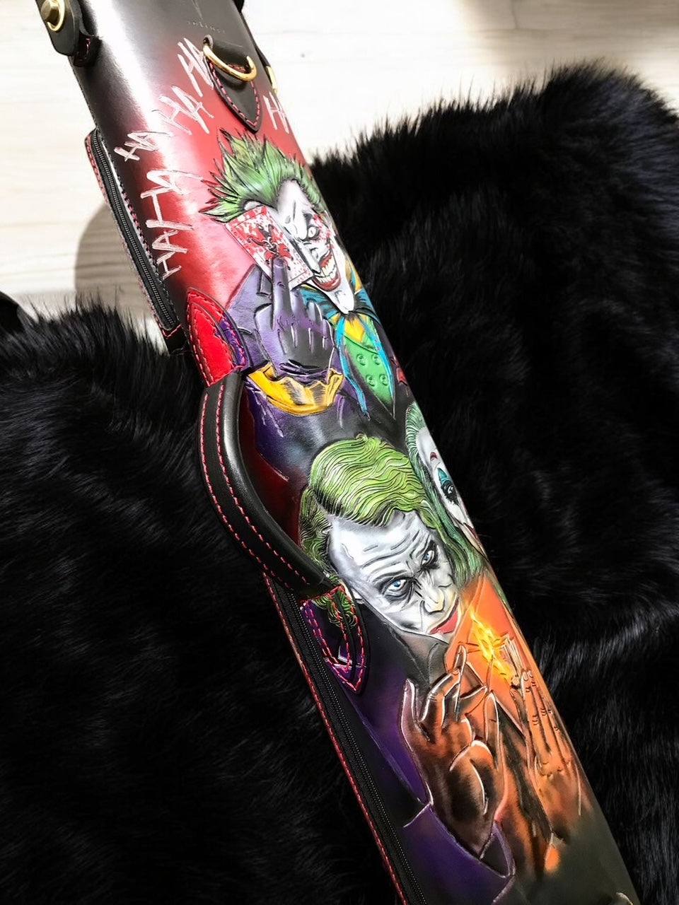 Side view of Joker, Harley Quinn and Deadpool custom pool cue case with comic-inspired artwork