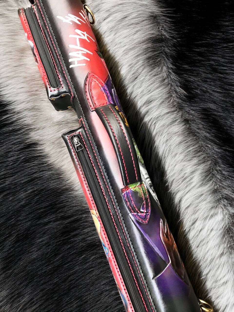 Side view of Joker, Harley Quinn and Deadpool custom pool cue case with comic-inspired artwork