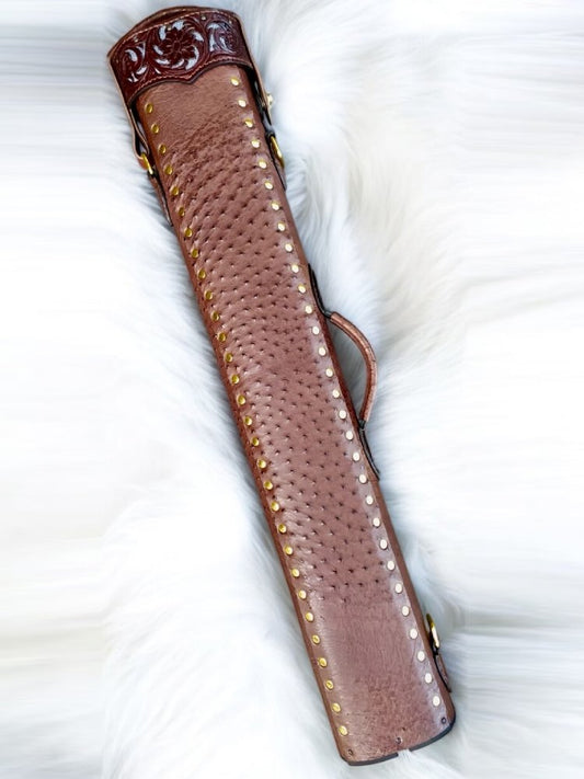 Back view of brown Ostrich leather custom pool cue case with ostrich leather detailing