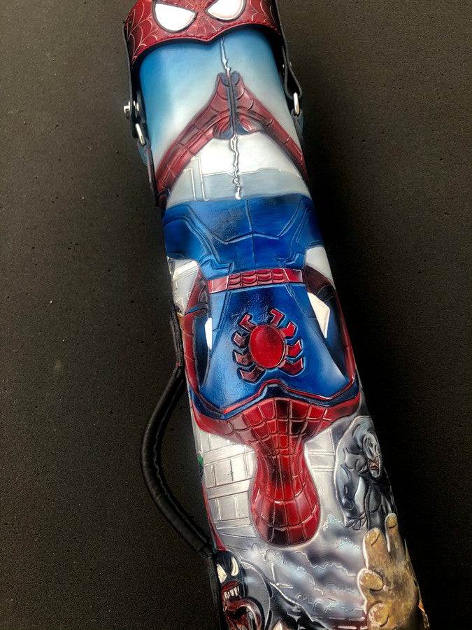 Back close-up of Spiderman leather pool cue case with comic-inspired artwork