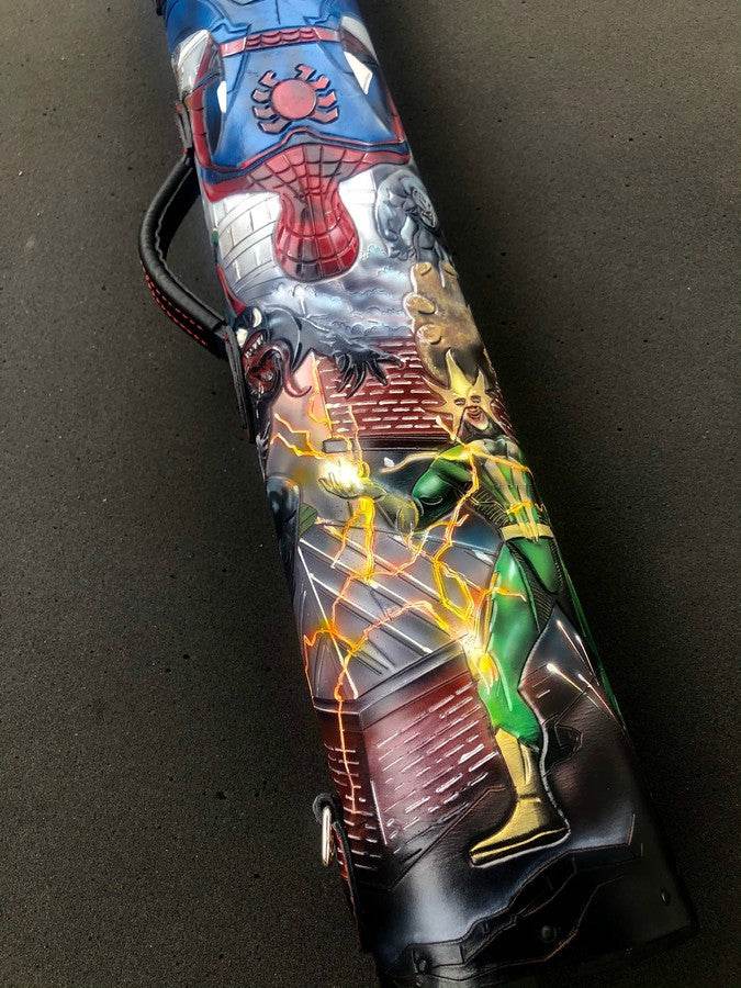 Back close-up of Spiderman leather pool cue case with comic-inspired artwork