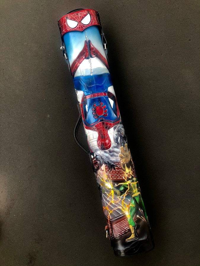 Back view of Spiderman leather pool cue case with comic-inspired artwork