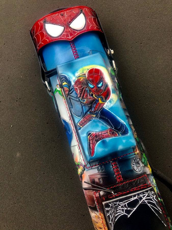 Front close-up of Spiderman leather pool cue case with comic-inspired artwork and handmade finish