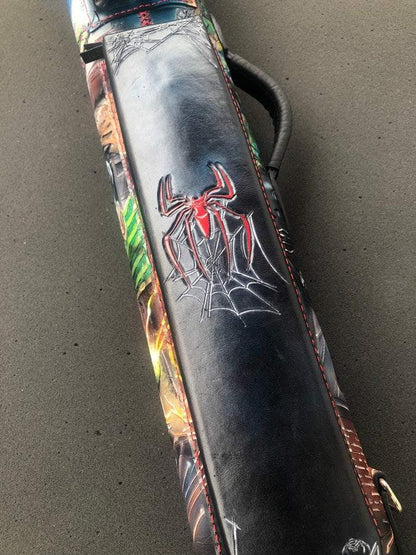Front close-up of Spiderman leather pool cue case with comic-inspired artwork