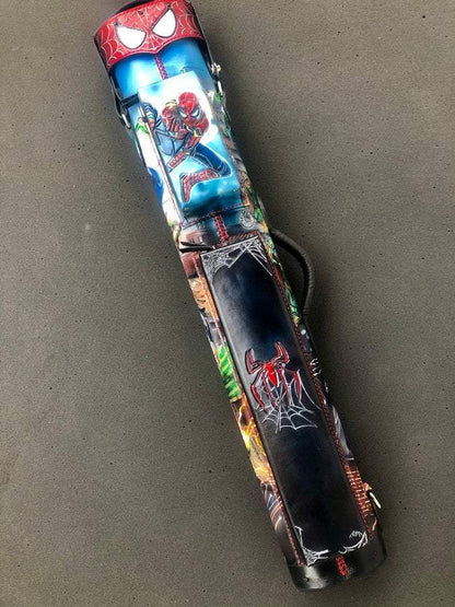 Front view of Spiderman leather pool cue case with comic-inspired artwork