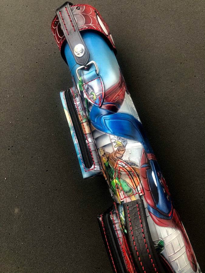 Side view of Spiderman leather pool cue case with comic-inspired artwork
