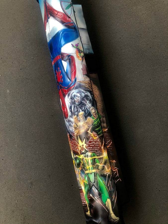 Side view of Spiderman leather pool cue case with comic-inspired artwork