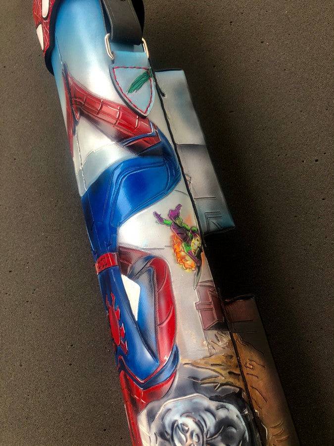 Side view of Spiderman leather pool cue case with comic-inspired artwork