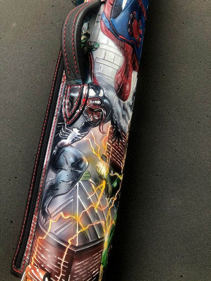 Side view of Spiderman leather pool cue case with comic-inspired artwork