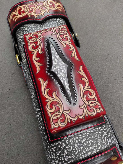 Stratta dual tone handtooled vegetable-tanned leather cue case with handcolored finish