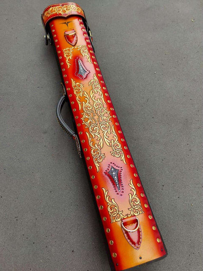 Stratta Dual Tone Leather Cue Case handtooled vegetable-tanned leather handcolored design