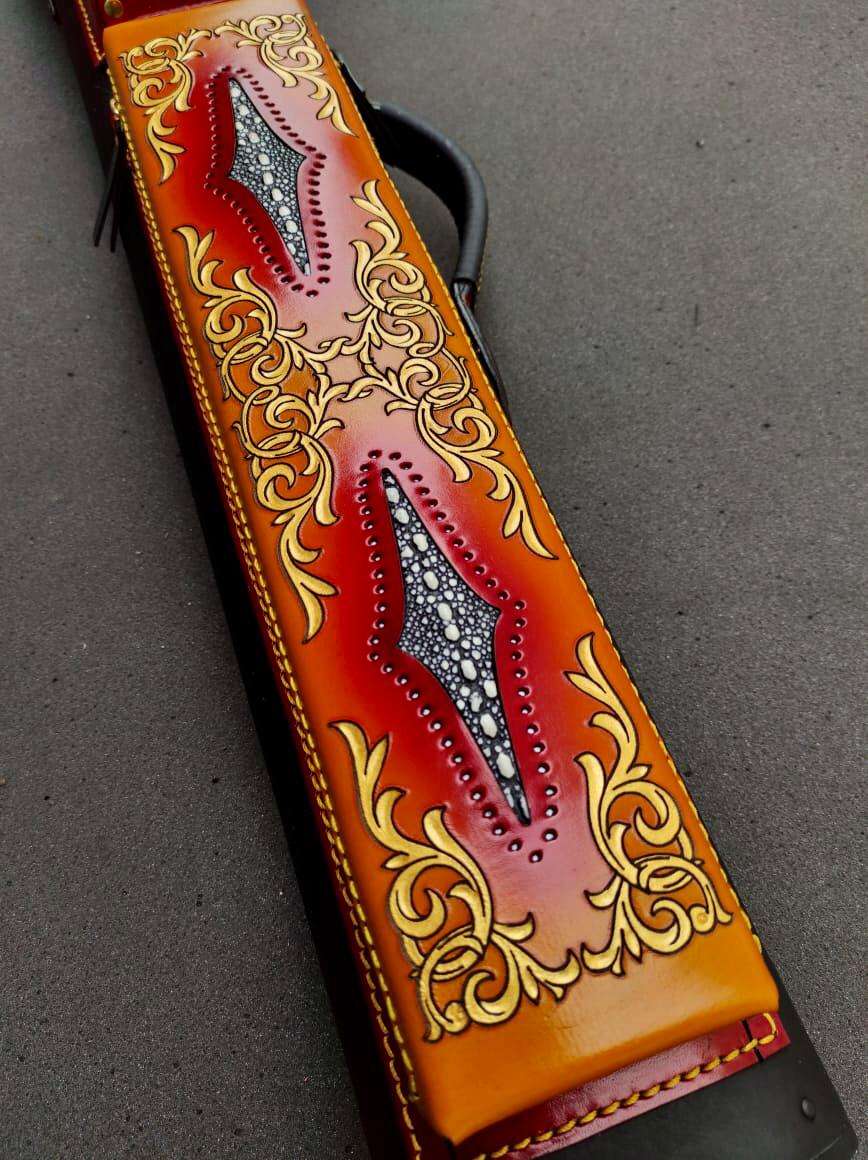 Stratta Dual Tone Leather Cue Case handtooled vegetable-tanned leather with dual tone design