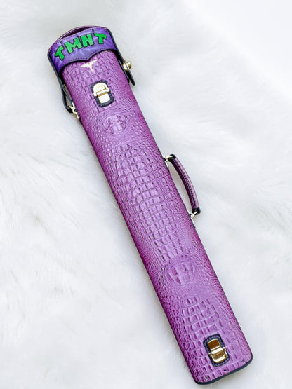 Back of TMNT Donatello leather cue case in purple crocodile embossed leather.