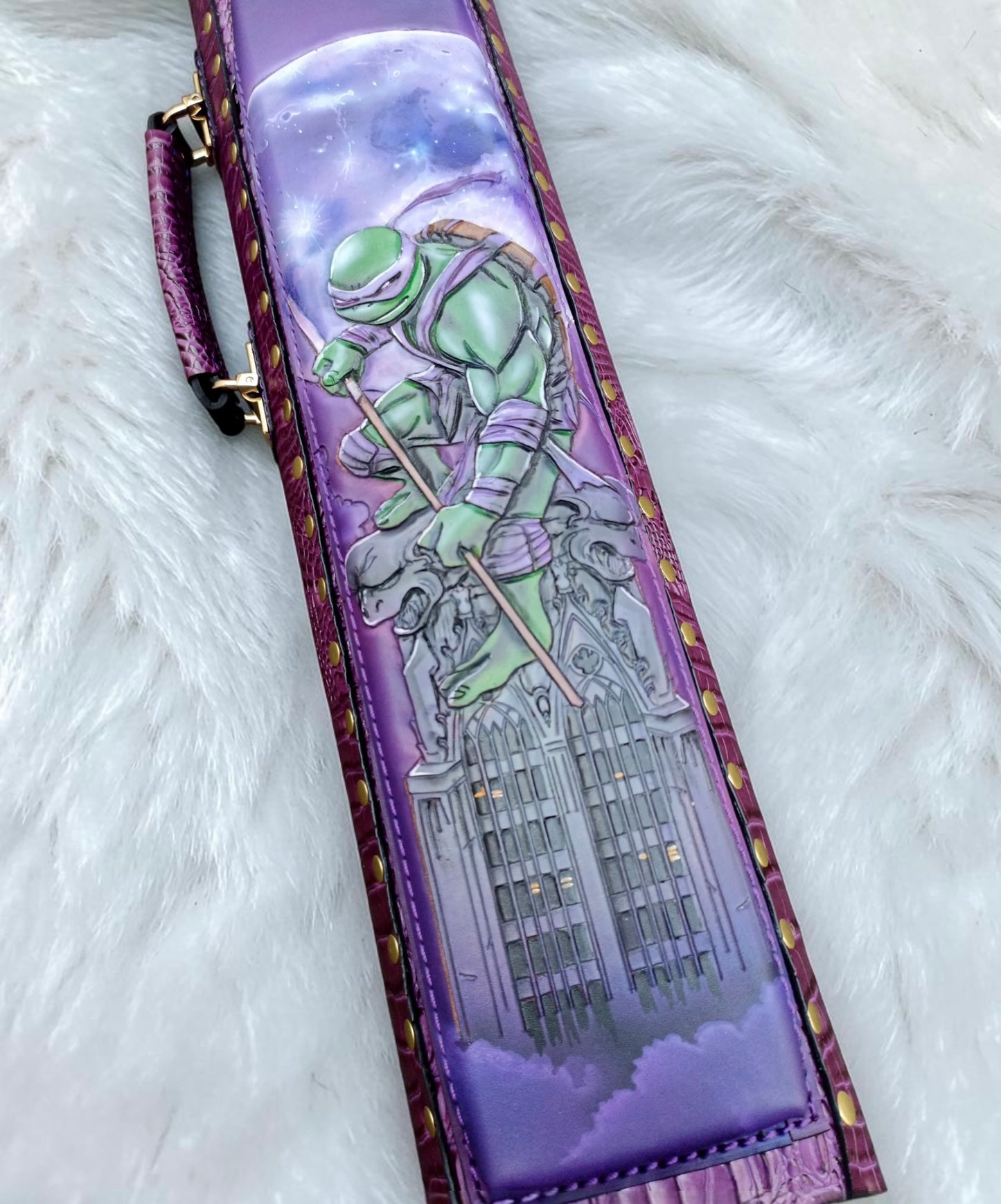 TMNT Donatello leather cue case large pocket with hand-painted Donatello artwork under the moon