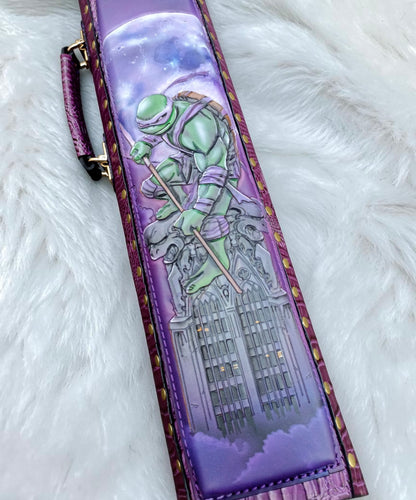 TMNT Donatello leather cue case large pocket with hand-painted Donatello artwork under the moon