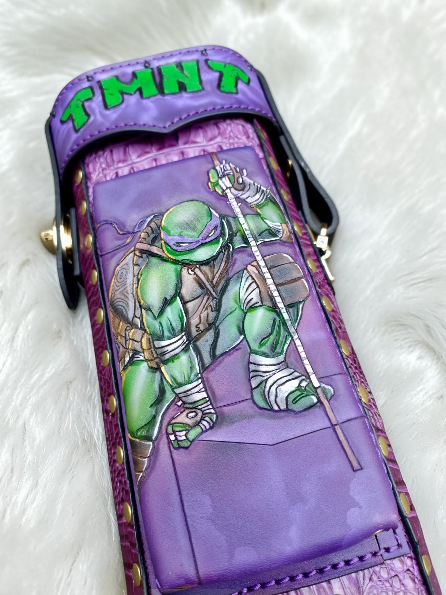 TMNT Donatello leather cue case small pocket with hand-painted Donatello artwork and purple leather