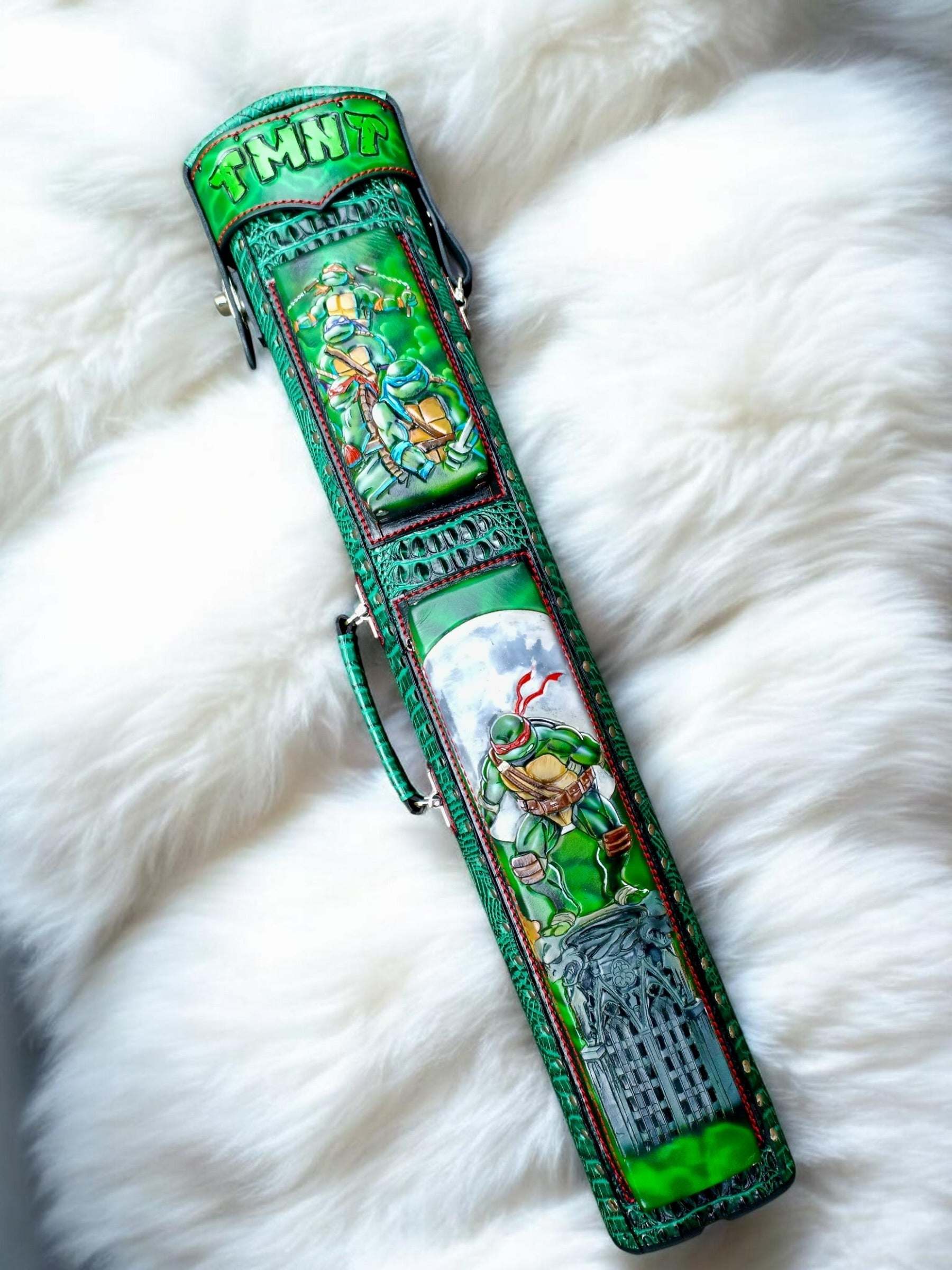 Front view of TMNT leather cue case with Raphael-inspired artwork and premium handmade finish