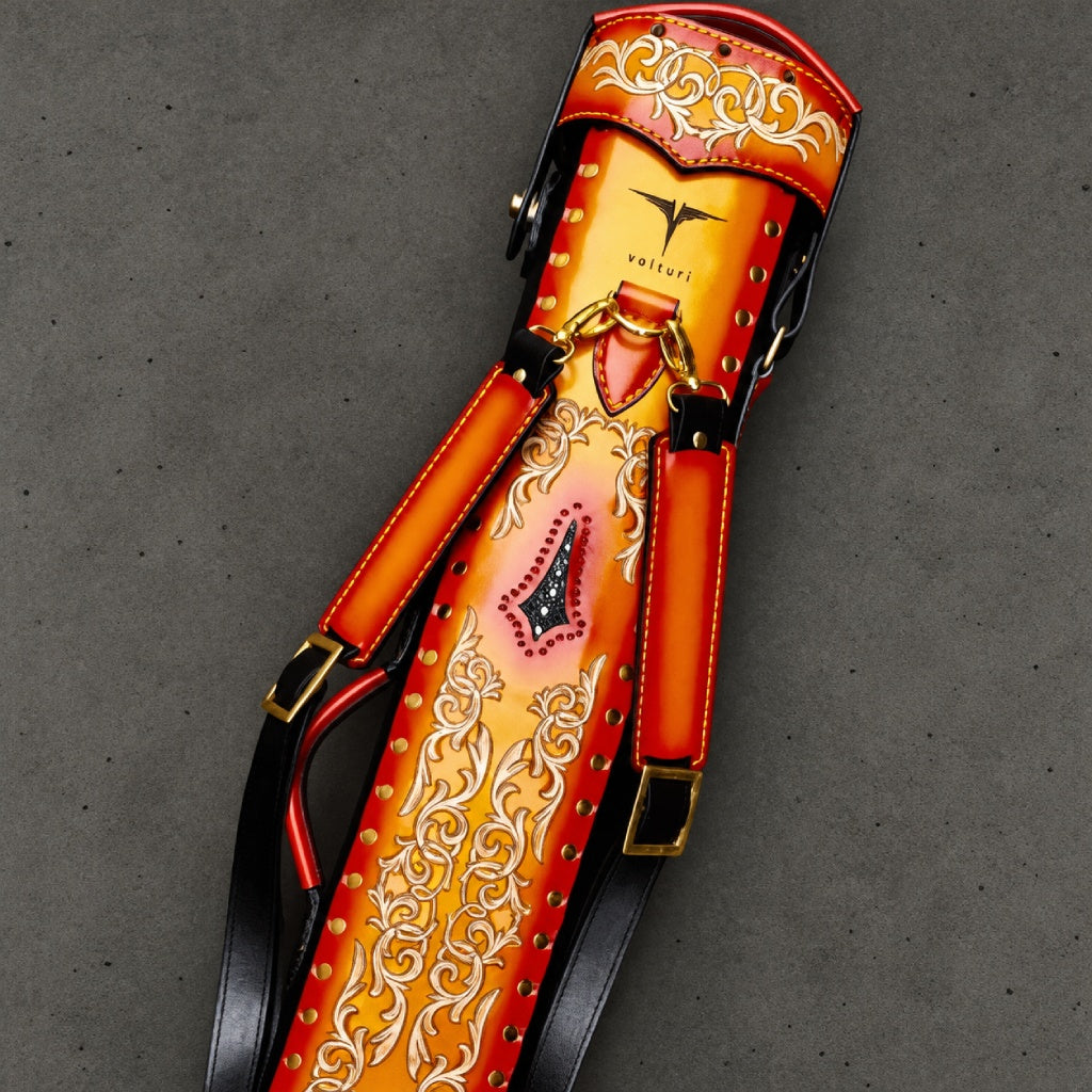 Back view of a Volturi leather pool cue case with double backpack straps.